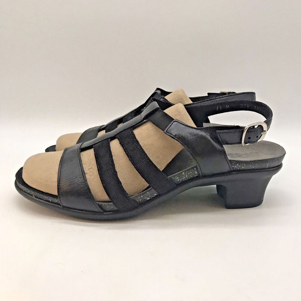 SAS Allegro Leather Heeled Sandals Women's 11 M Strappy Black Elastic Mid Heels